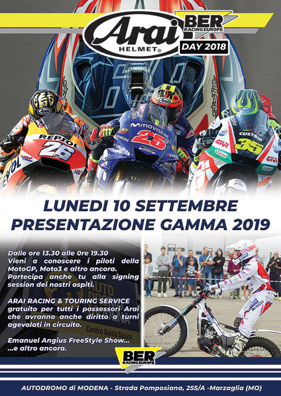 Arai Day 2018: lunedì 10 settembre all'autodromo di Modena Arai Day 2018: lunedì 10 settembre all'autodromo di Modena