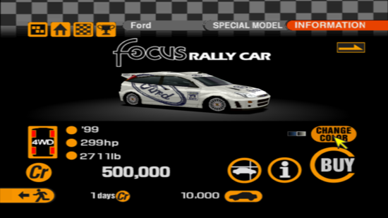 Ecco la Ford Focus WRC del 1999 guidata da McRae. Sfortunatamente in Gran Turismo 2 non è presente con la livrea ufficiale Martini