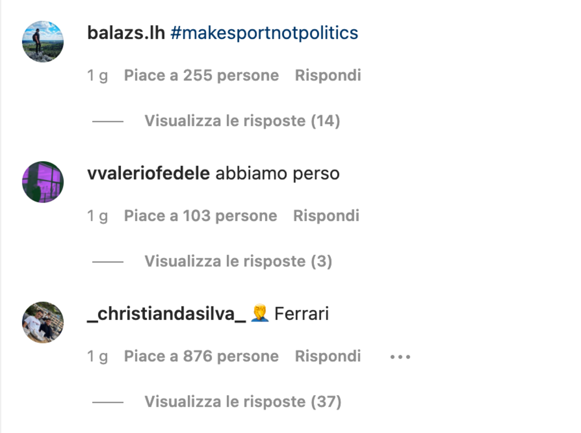 Alcuni dei messaggi omofobi sotto il post LGBTQ+ della Ferrari