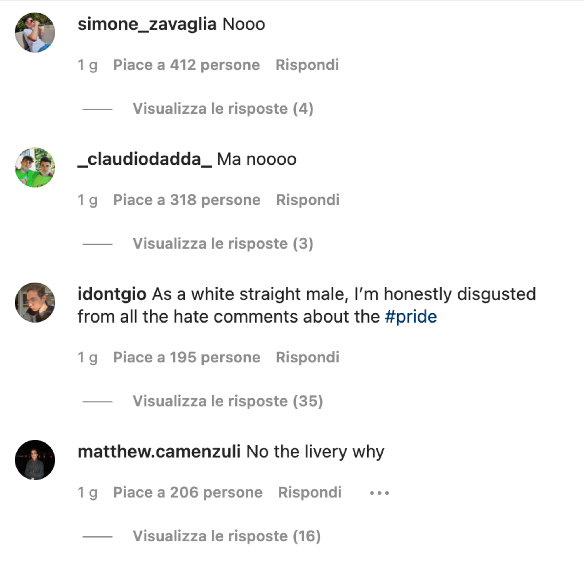 Alcuni dei messaggi omofobi sotto il post LGBTQ+ della Ferrari